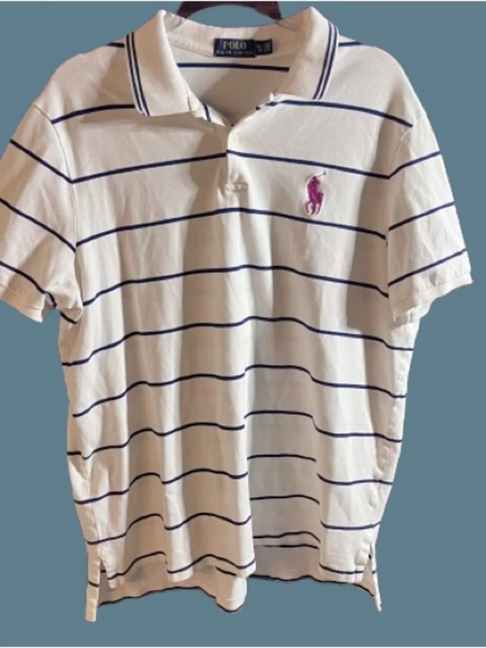 Ralph Lauren White Polo with Navy Stripes and Pink Pony XL
